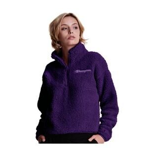 4433) Champion Women Purple Cozy High Pile Crop Pullover 1/4 Zip Sweater Medium